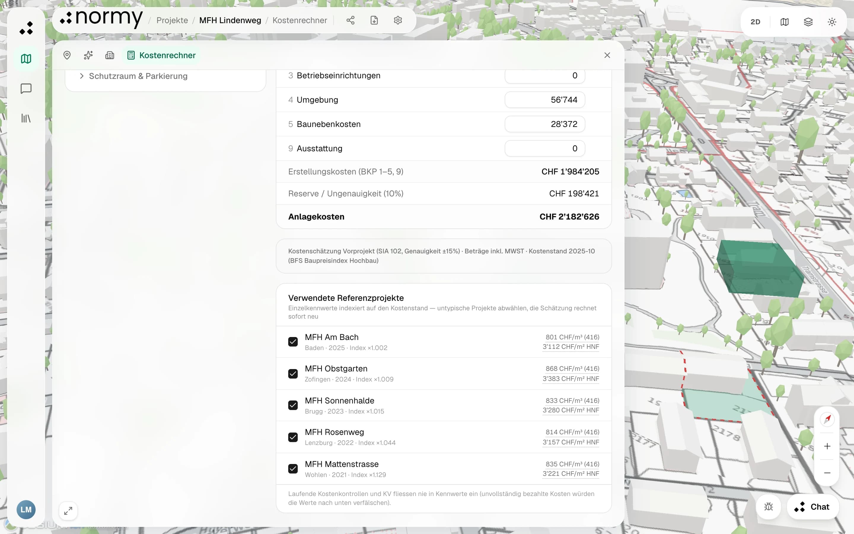 Verwendete Referenzprojekte in der Kostenschätzung von Normy: Liste eigener Schlussabrechnungen mit Kennwerten pro m³ und pro m² HNF, einzeln abwählbar